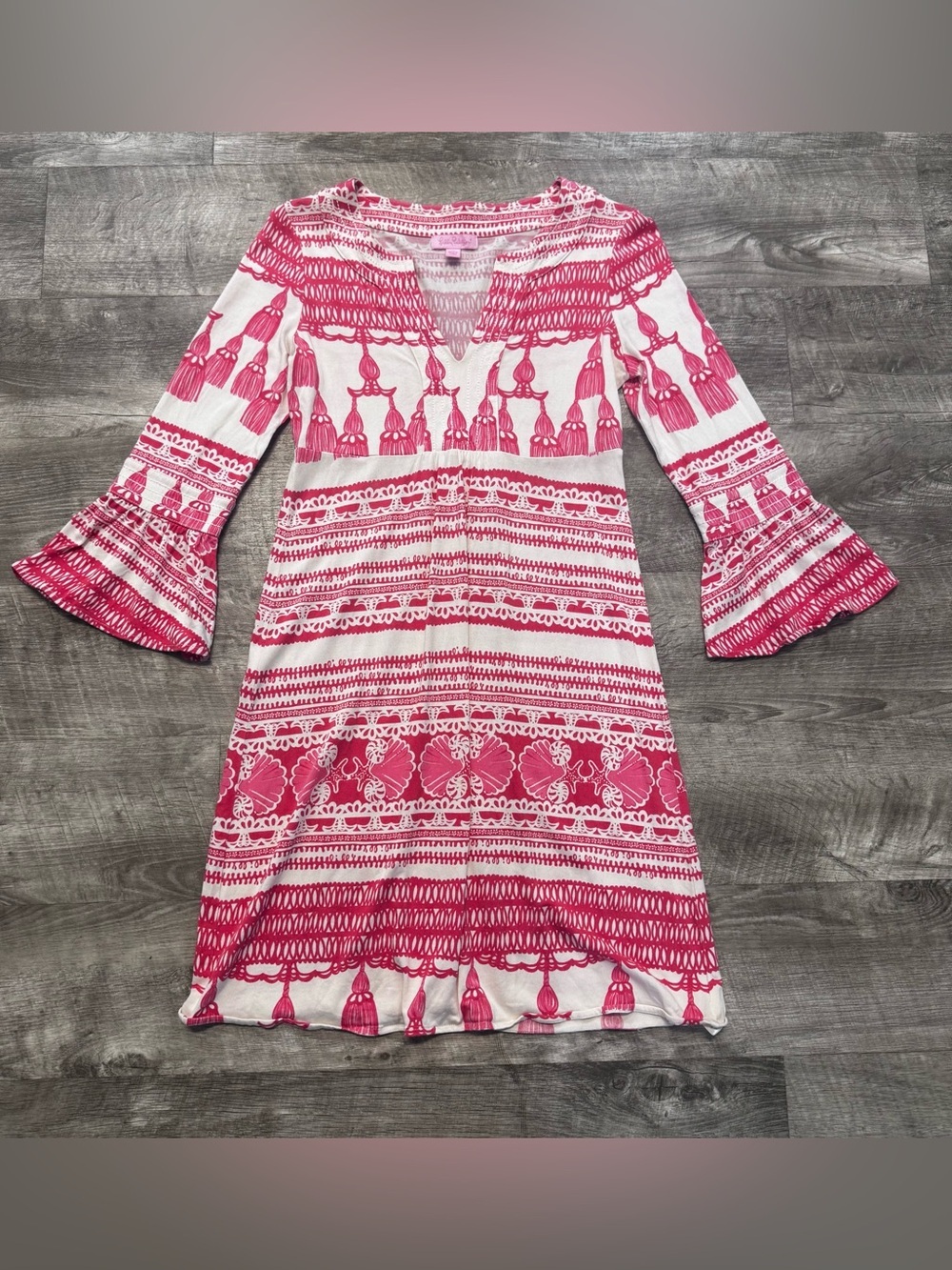 Lilly Pulitzer Silk Blend Pink Ivory Seashell Midi Dress Bell Sleeve Womens XS